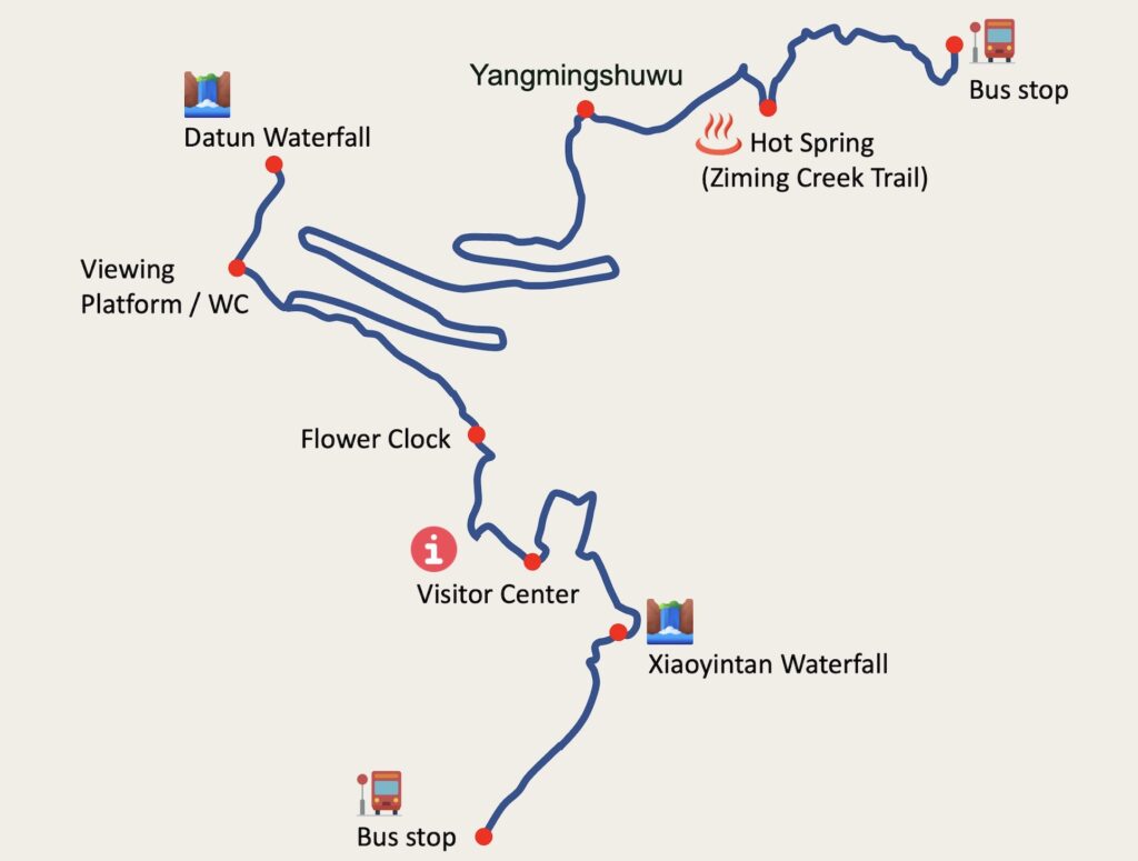 Yangmingshan Secret Hike: Ziming Creek Trail Hot Spring & "Milk" Waterfall 4 map for Ziming Creek Trail and waterfalls in Yangmingshan